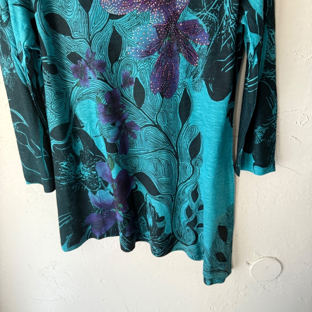 Cactus Teal Floral Rhinestone Detail Long Sleeve‎ Asymmetrical Top Boho Artsy L - Picture 5 of 8